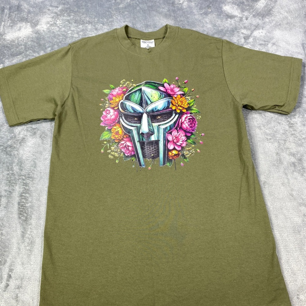 MF DOOM T Shirt Mens Medium Olive Green Floral Mask Graphic Hip Hop Streetwear